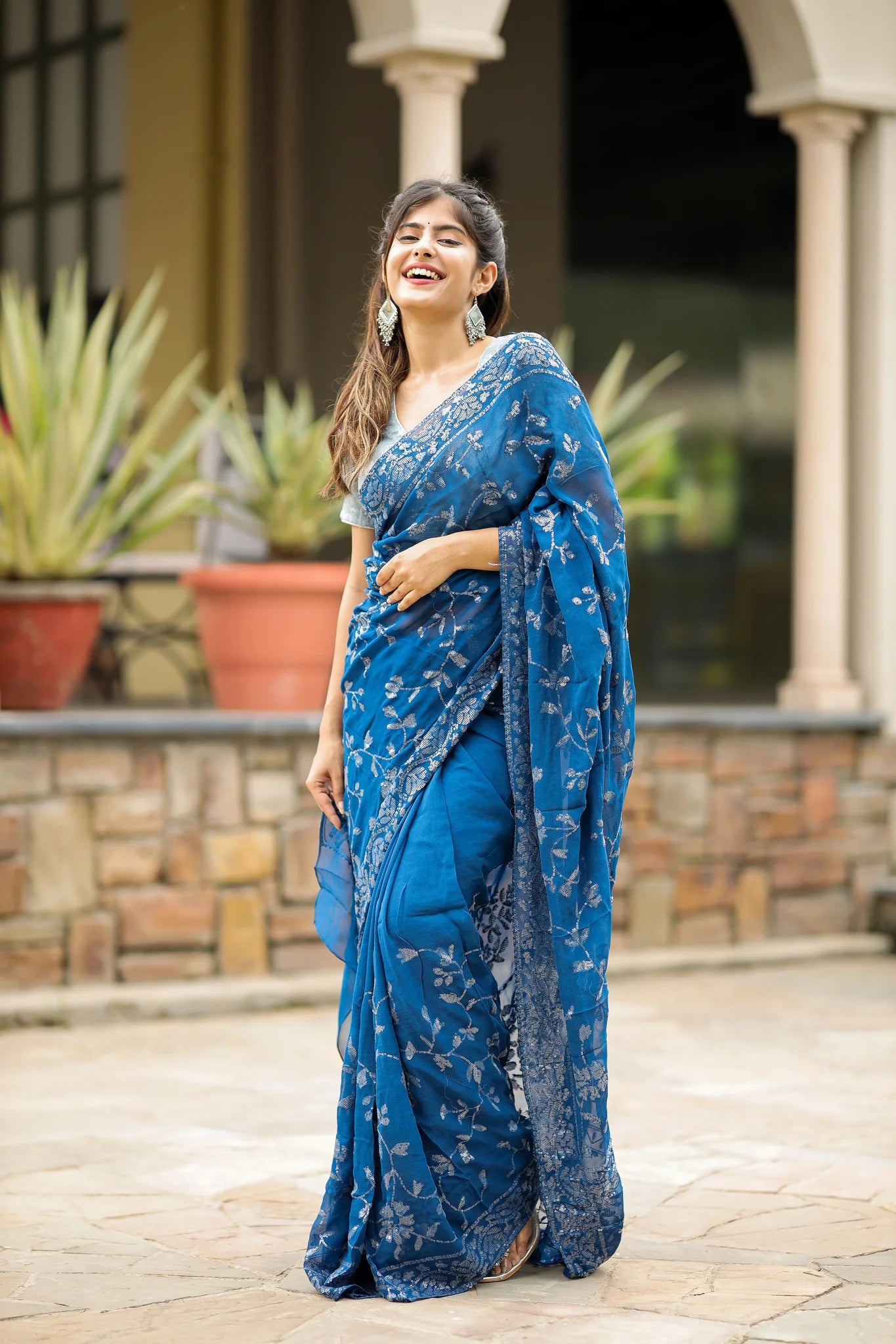 Blue Georgette Saree with Sequin Detailing for Weddings