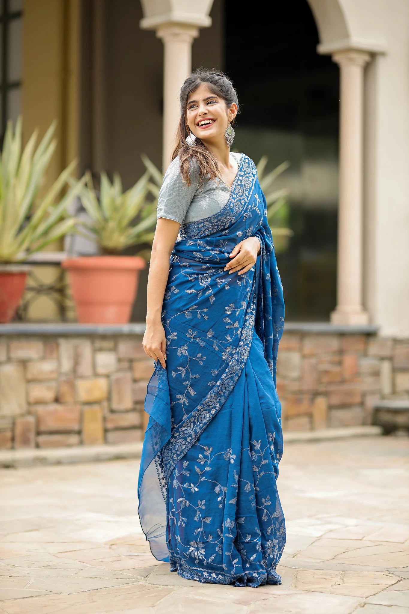 Blue Georgette Saree with Sequin Detailing for Weddings