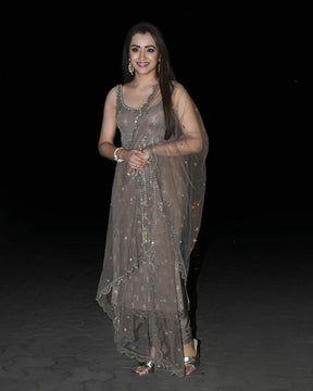 Trisha Krishnan in Taupe Sequins Mirror Work Suit | Elegant and Glamorous Ethnic Wear