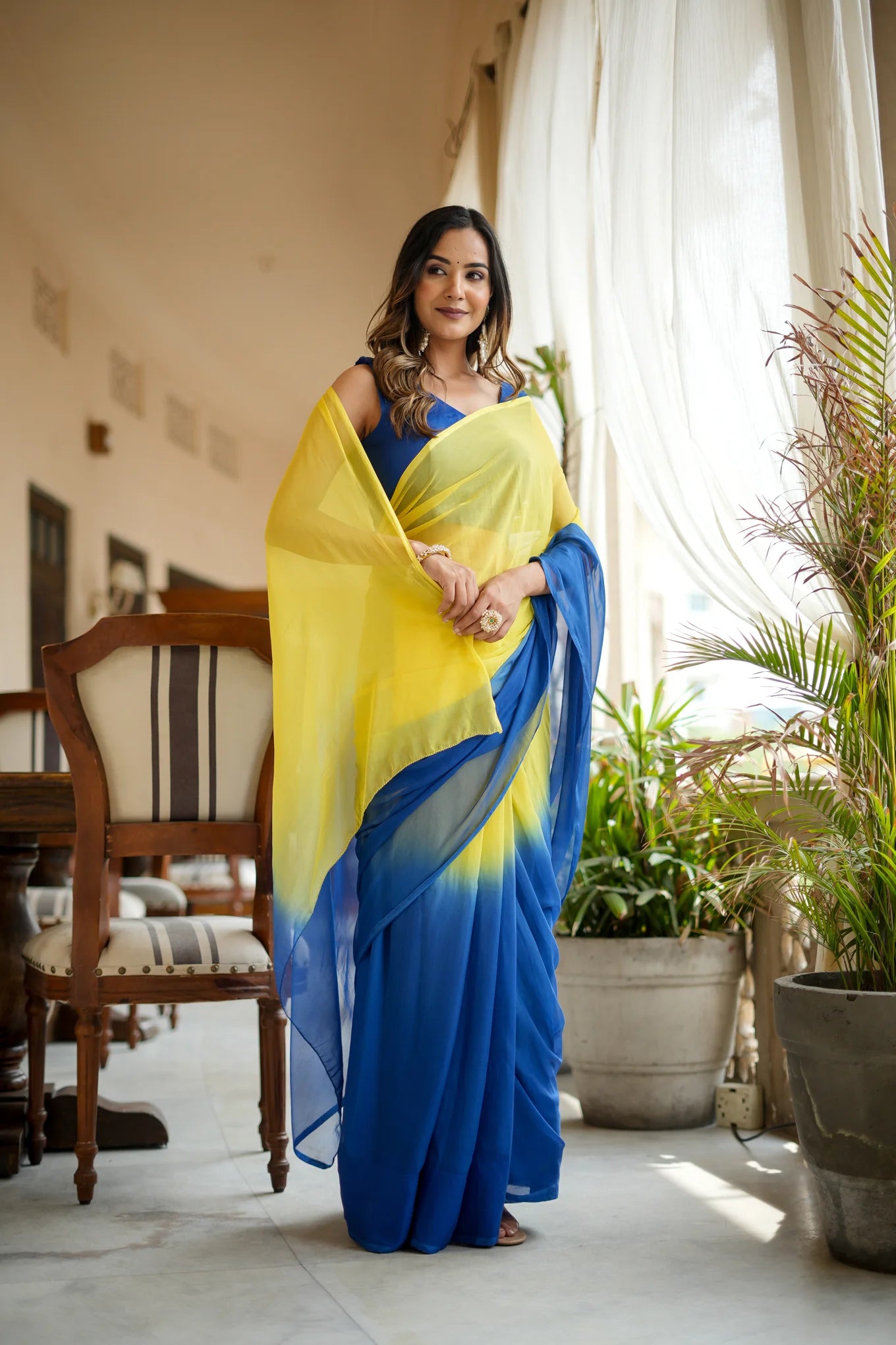 Classy Hand-Dyed Yellow and Blue Chiffon Saree