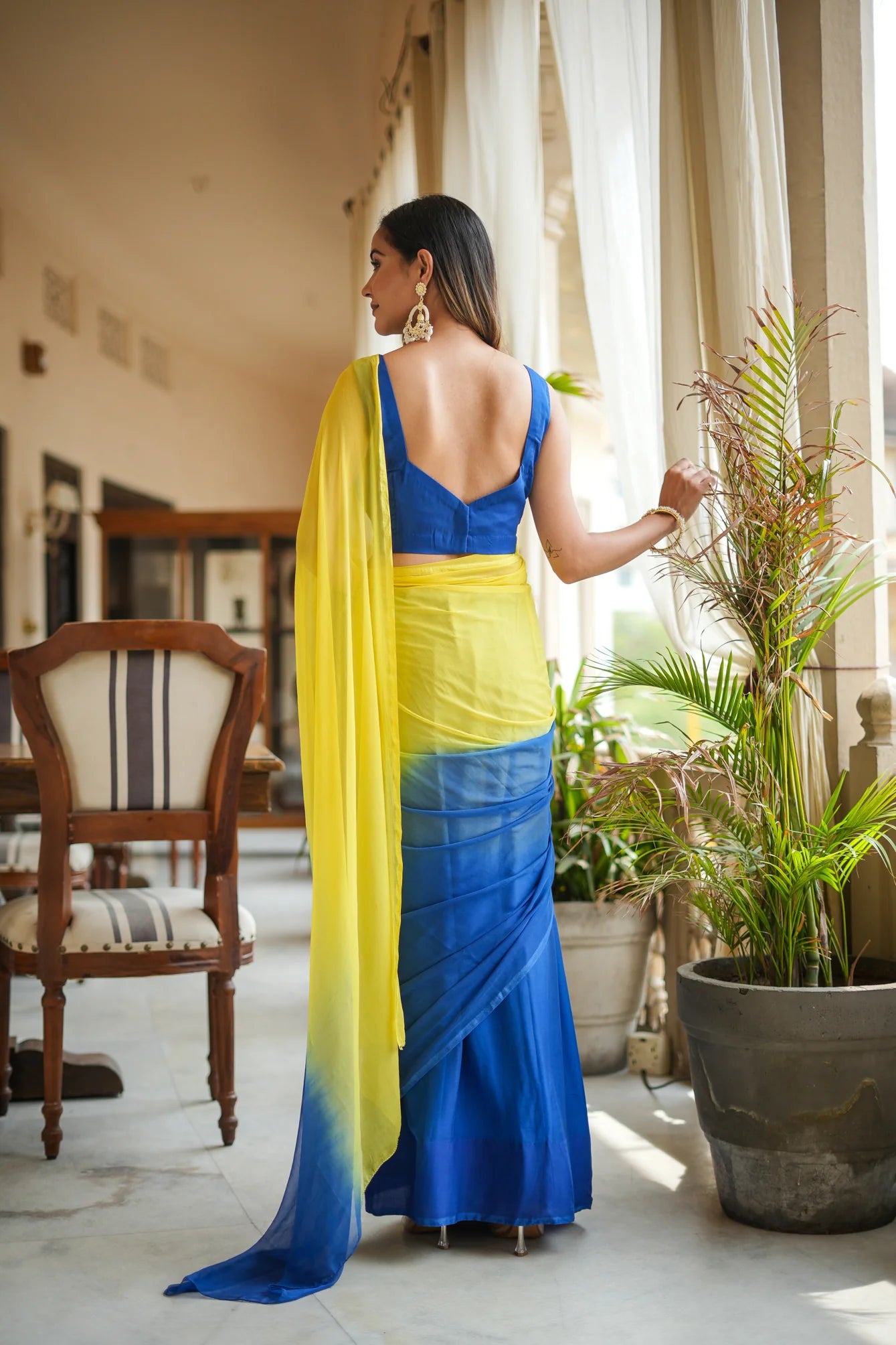 Classy Hand-Dyed Yellow and Blue Chiffon Saree