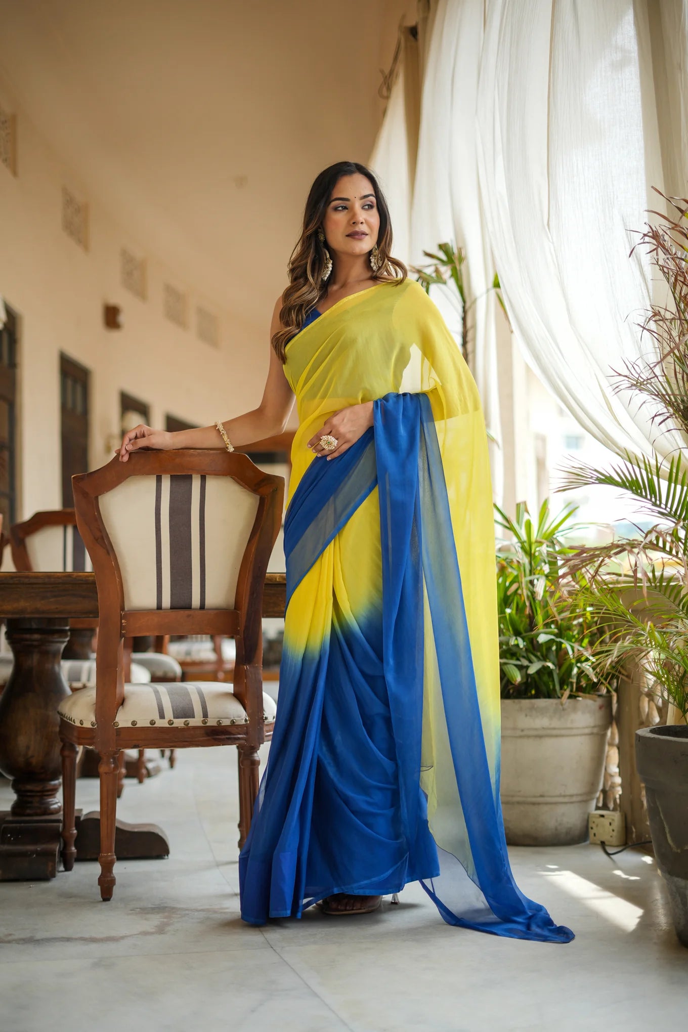 Classy Hand-Dyed Yellow and Blue Chiffon Saree