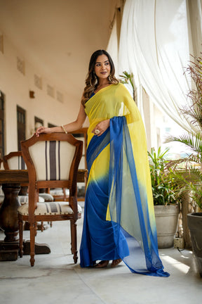 Classy Hand-Dyed Yellow and Blue Chiffon Saree