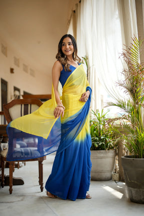 Classy Hand-Dyed Yellow and Blue Chiffon Saree