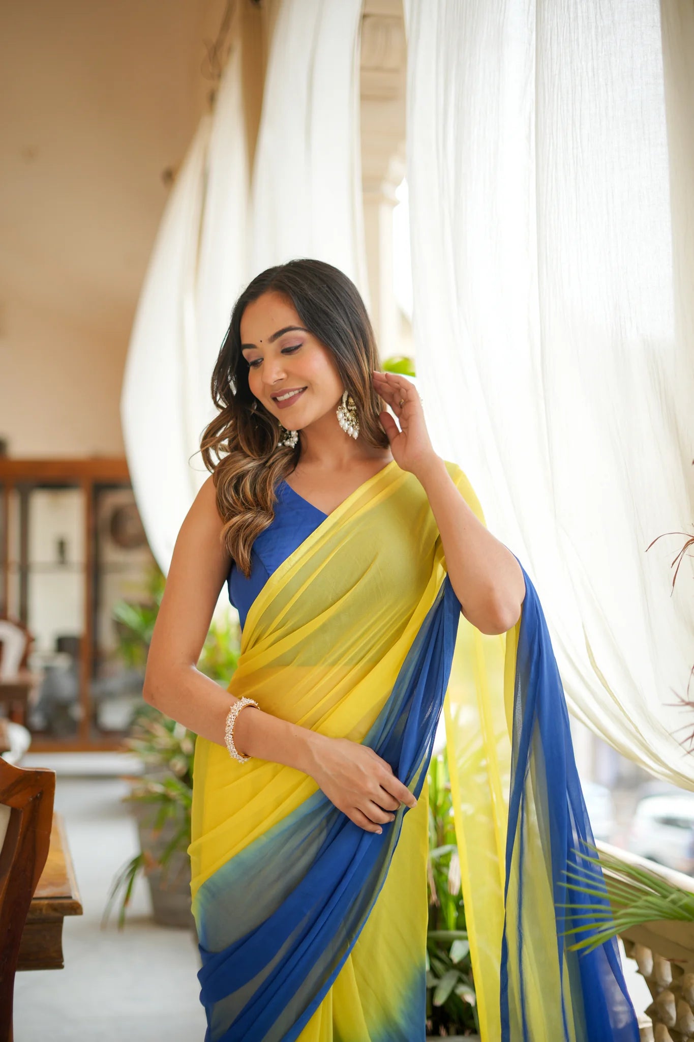 Classy Hand-Dyed Yellow and Blue Chiffon Saree