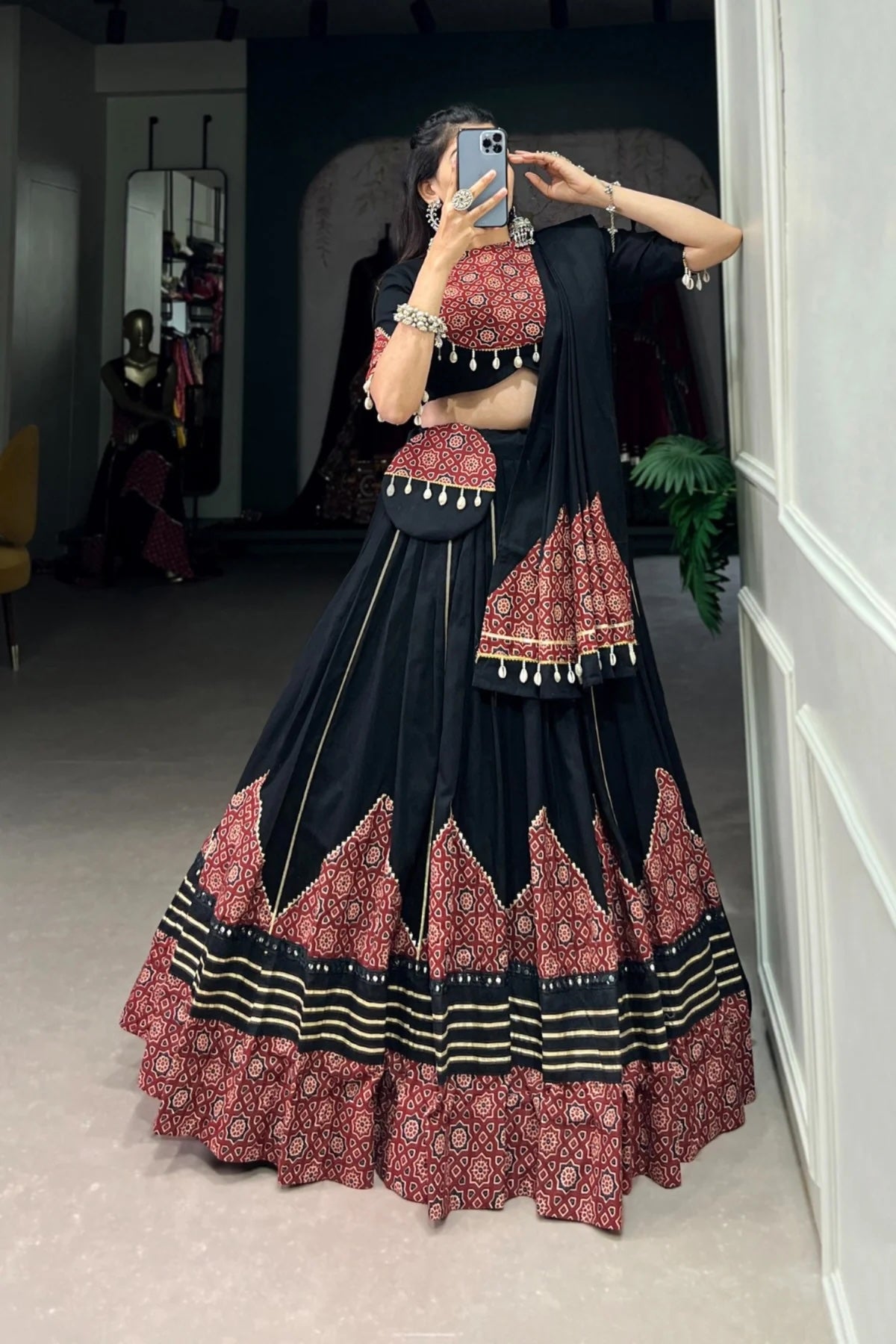 Navratri Special Black Printed Pure Cotton Lehenga Choli