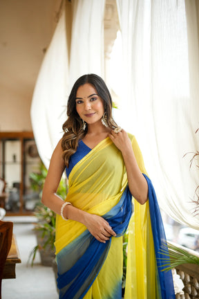 Classy Hand-Dyed Yellow and Blue Chiffon Saree