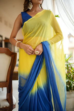 Classy Hand-Dyed Yellow and Blue Chiffon Saree