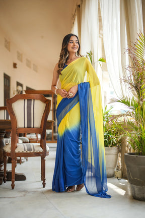 Classy Hand-Dyed Yellow and Blue Chiffon Saree