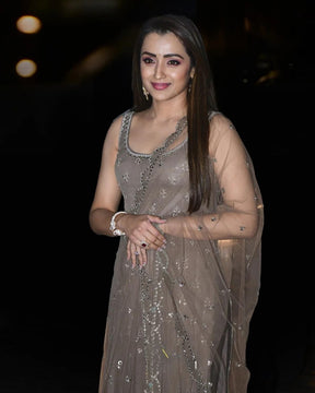 Trisha Krishnan in Taupe Sequins Mirror Work Suit | Elegant and Glamorous Ethnic Wear