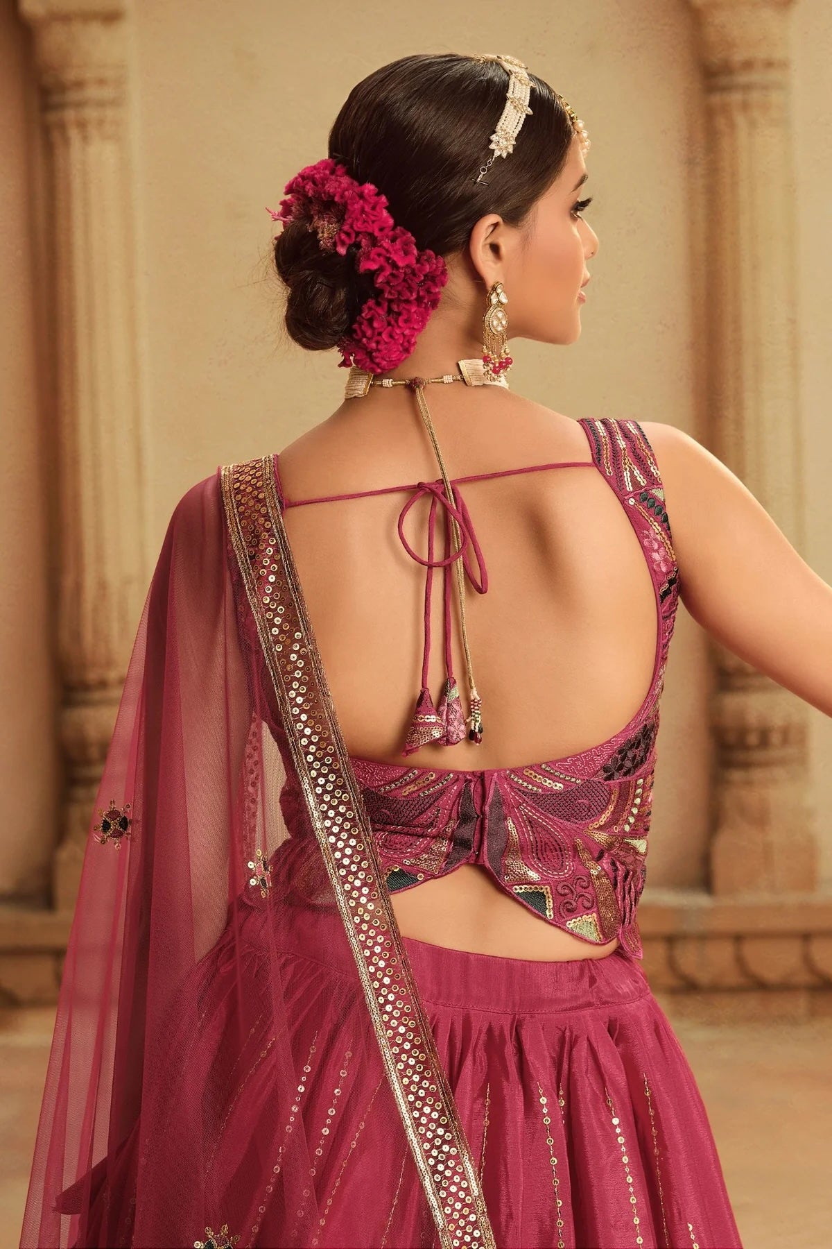 Deep Pink to Purple Thread & Sequins Embroidered Work Wedding Lehenga 