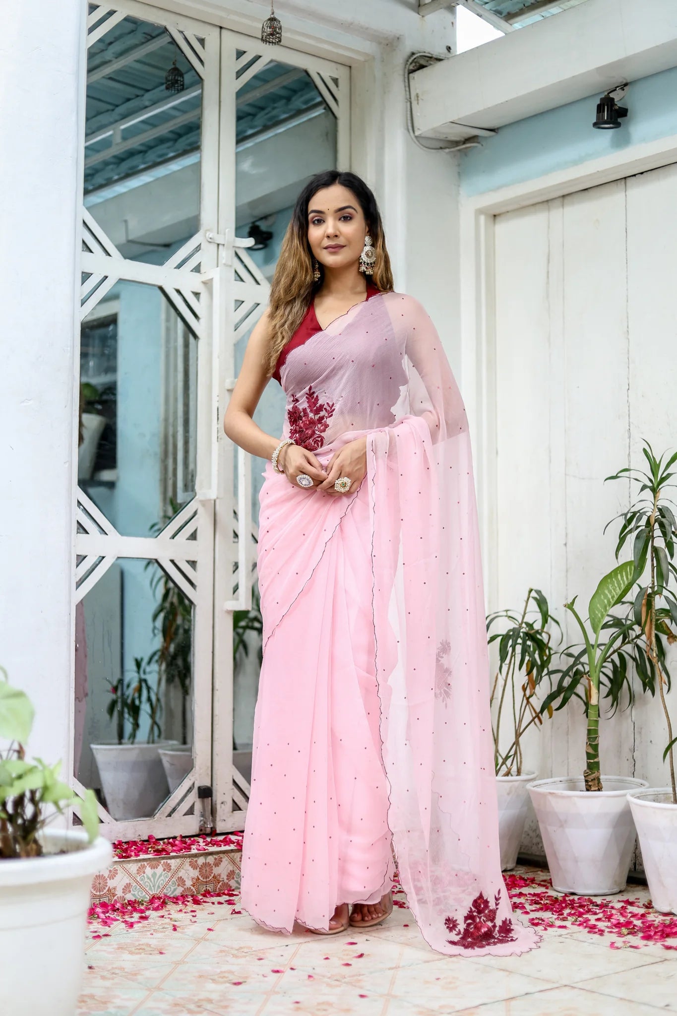 Pink Hand Embroidered Peony Chiffon Saree for Weddings