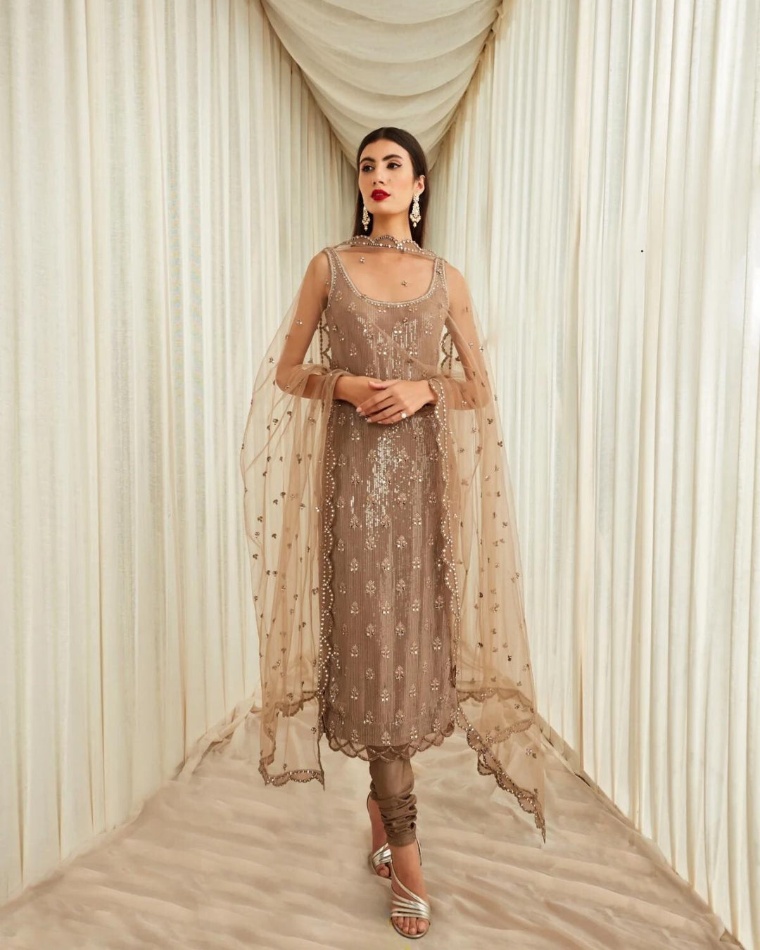 Taupe Sequins and Mirror Work Suit Set | Elegant and Glamorous Ethnic Ensemble