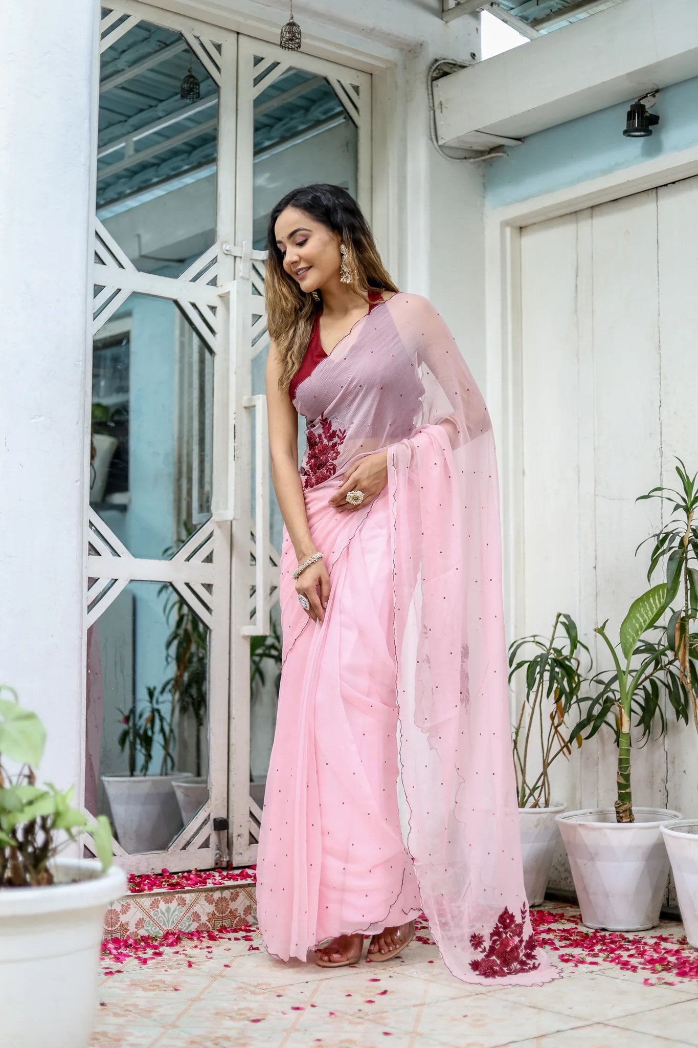 Pink Hand Embroidered Peony Chiffon Saree for Weddings