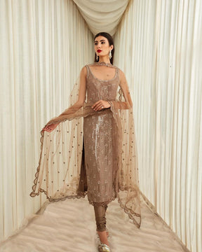 Taupe Sequins and Mirror Work Suit Set | Elegant and Glamorous Ethnic Ensemble