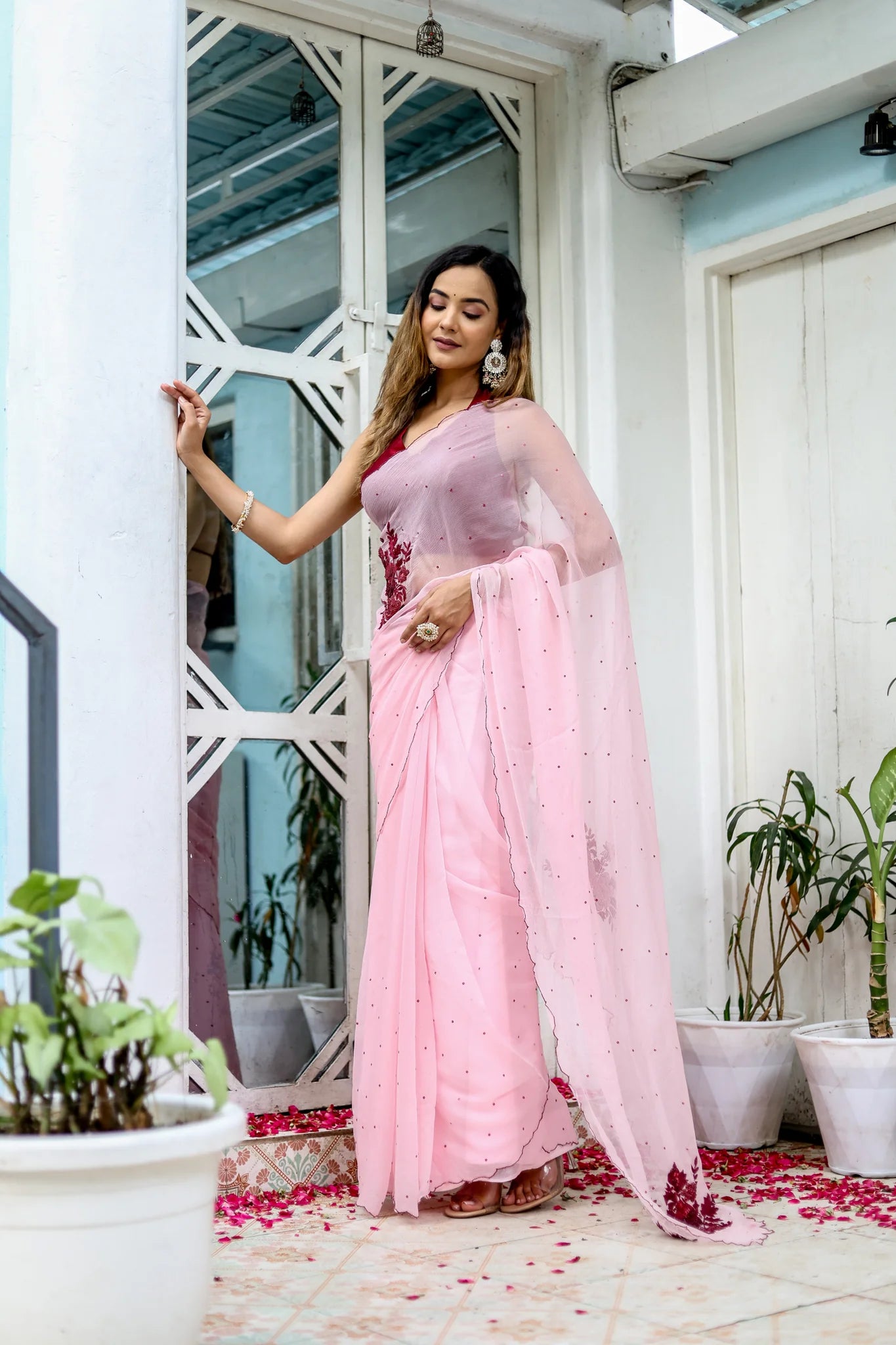 Pink Hand Embroidered Peony Chiffon Saree for Weddings