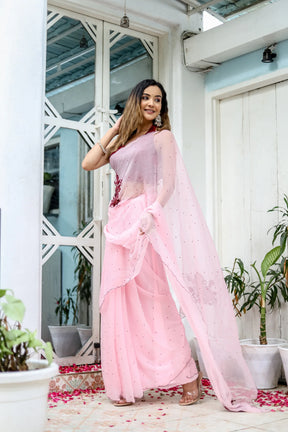 Pink Hand Embroidered Peony Chiffon Saree for Weddings