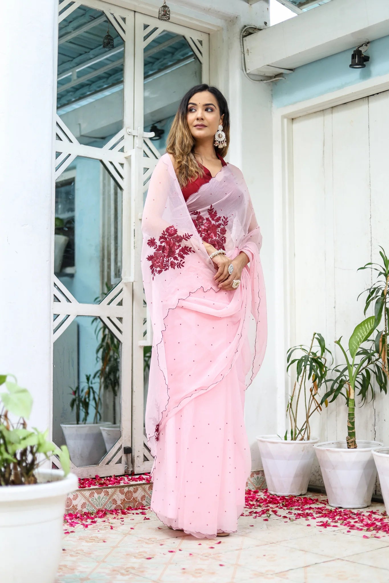 Pink Hand Embroidered Peony Chiffon Saree for Weddings