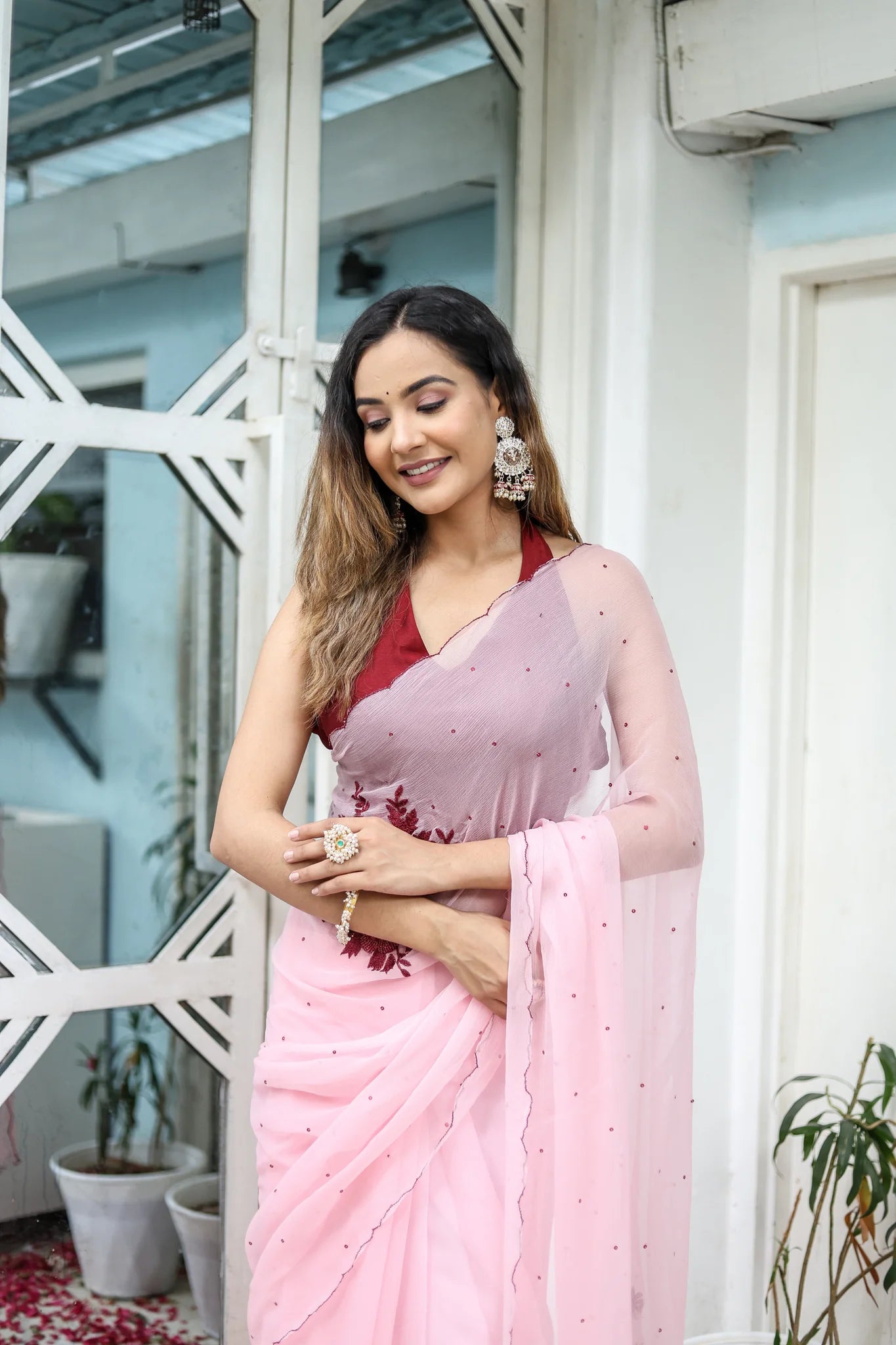 Pink Hand Embroidered Peony Chiffon Saree for Weddings