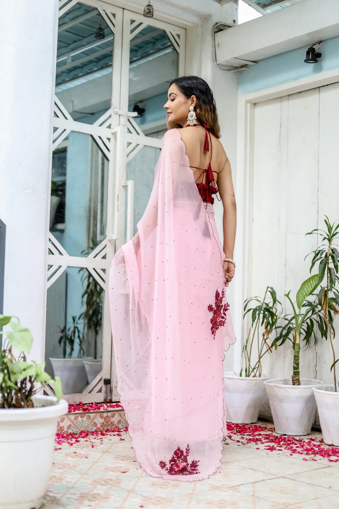 Pink Hand Embroidered Peony Chiffon Saree for Weddings