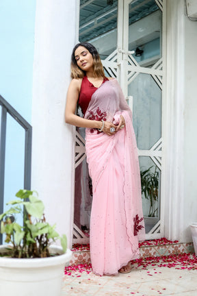 Pink Hand Embroidered Peony Chiffon Saree for Weddings