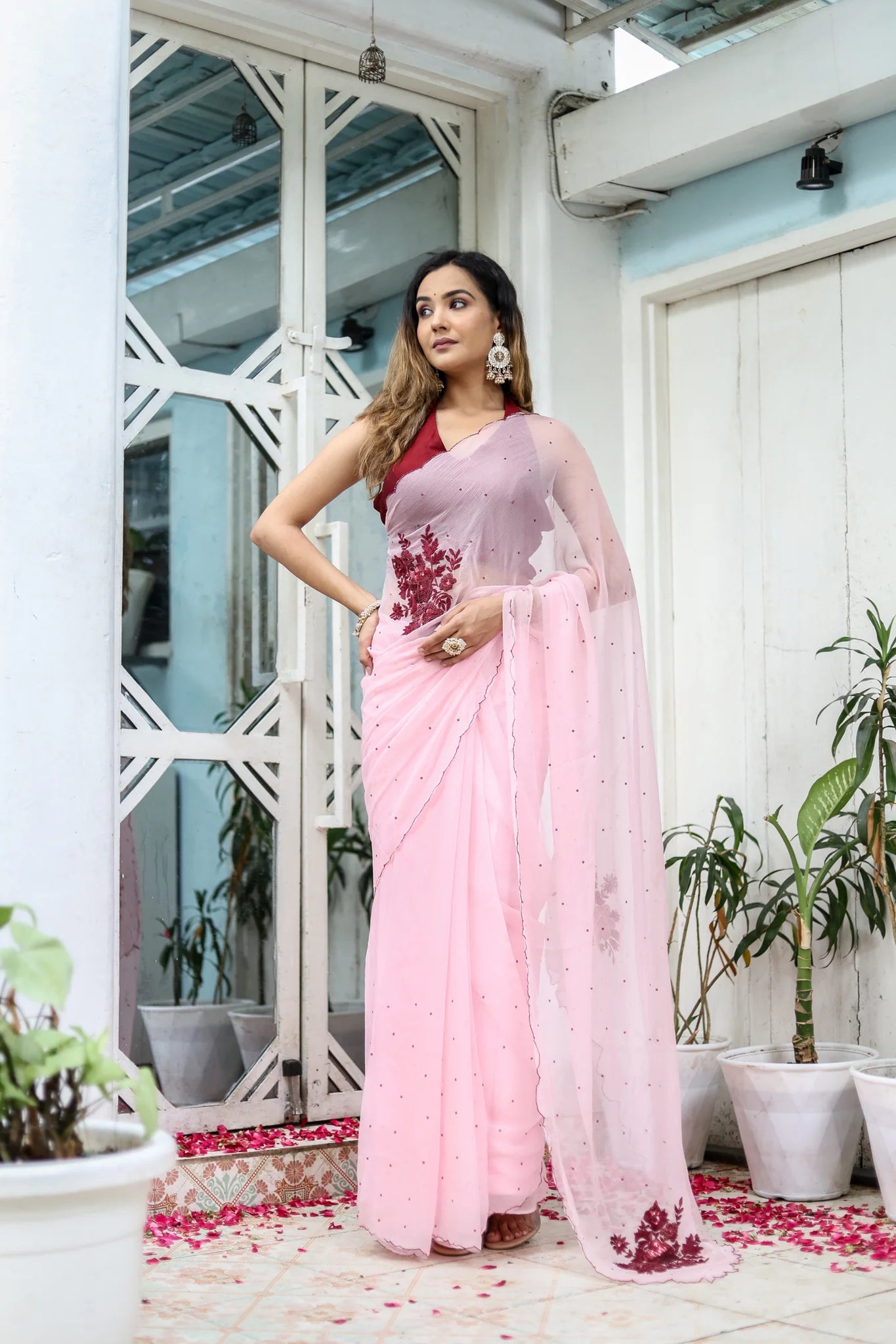 Pink Hand Embroidered Peony Chiffon Saree for Weddings