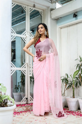 Pink Hand Embroidered Peony Chiffon Saree for Weddings