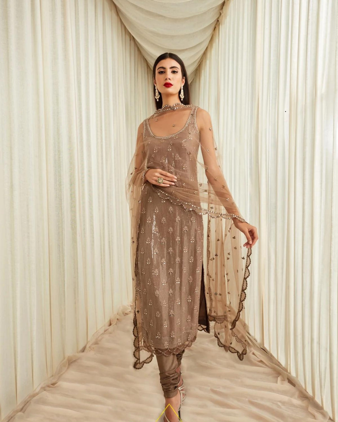 Taupe Sequins and Mirror Work Suit Set | Elegant and Glamorous Ethnic Ensemble