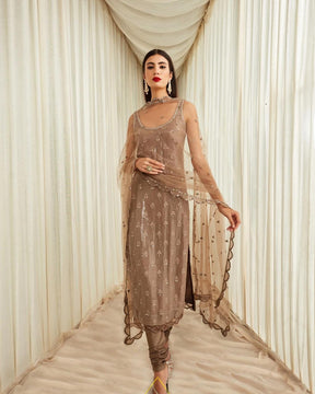 Taupe Sequins and Mirror Work Suit Set | Elegant and Glamorous Ethnic Ensemble