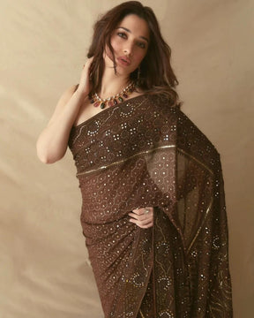 Tamannaah Bhatia Coffee Chikankari Saree | Elegant and Timeless Ethnic Wear