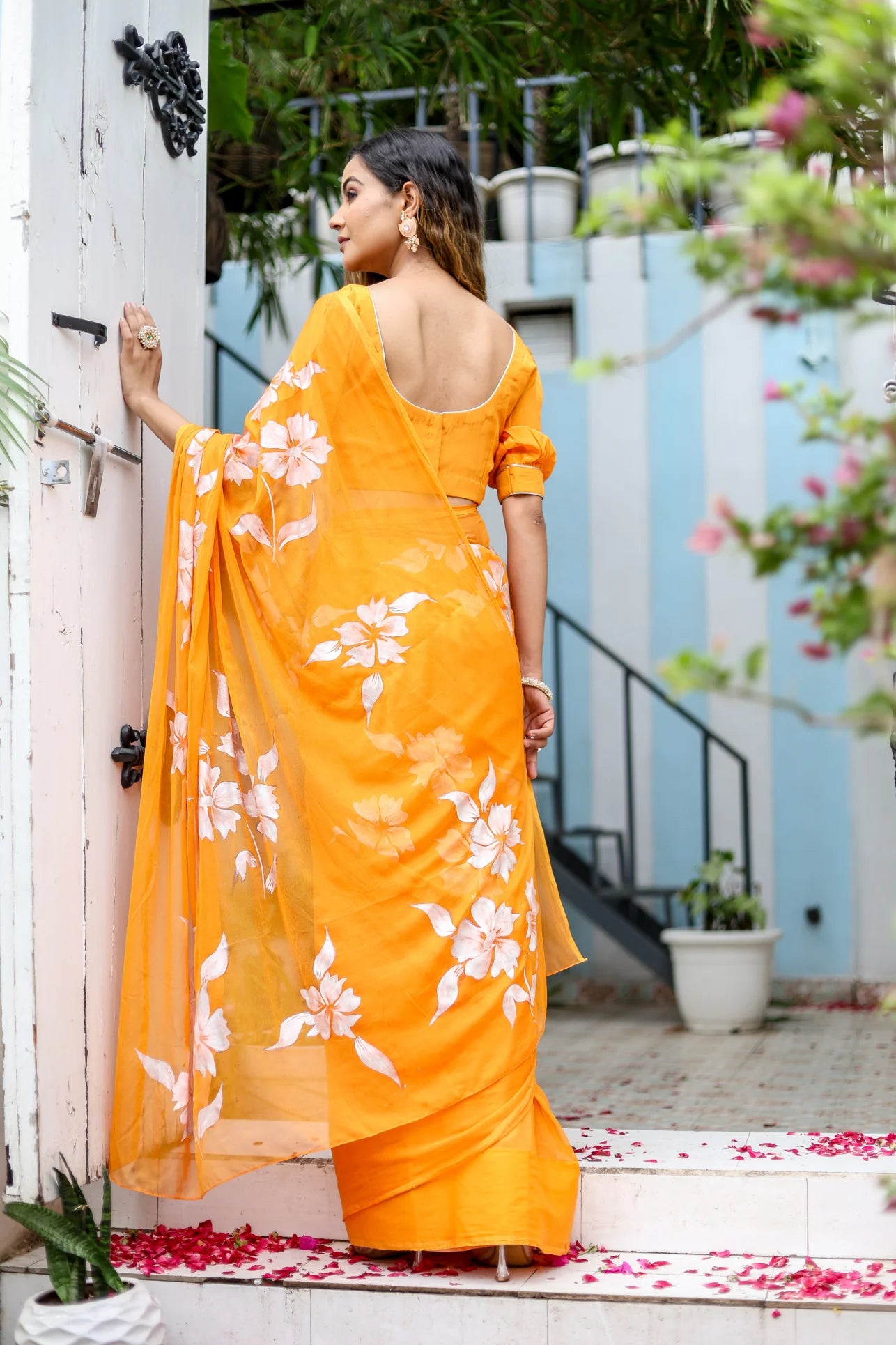 Orange Hand painted Sunset Chiffon Saree