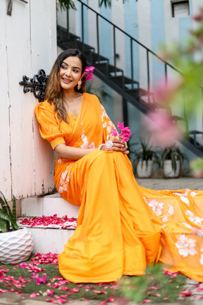 Orange Hand painted Sunset Chiffon Saree