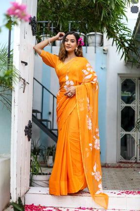 Orange Hand painted Sunset Chiffon Saree