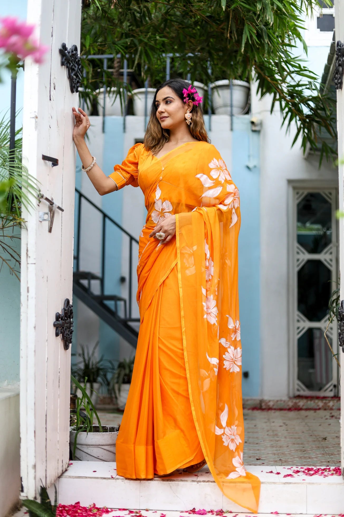 Orange Hand painted Sunset Chiffon Saree