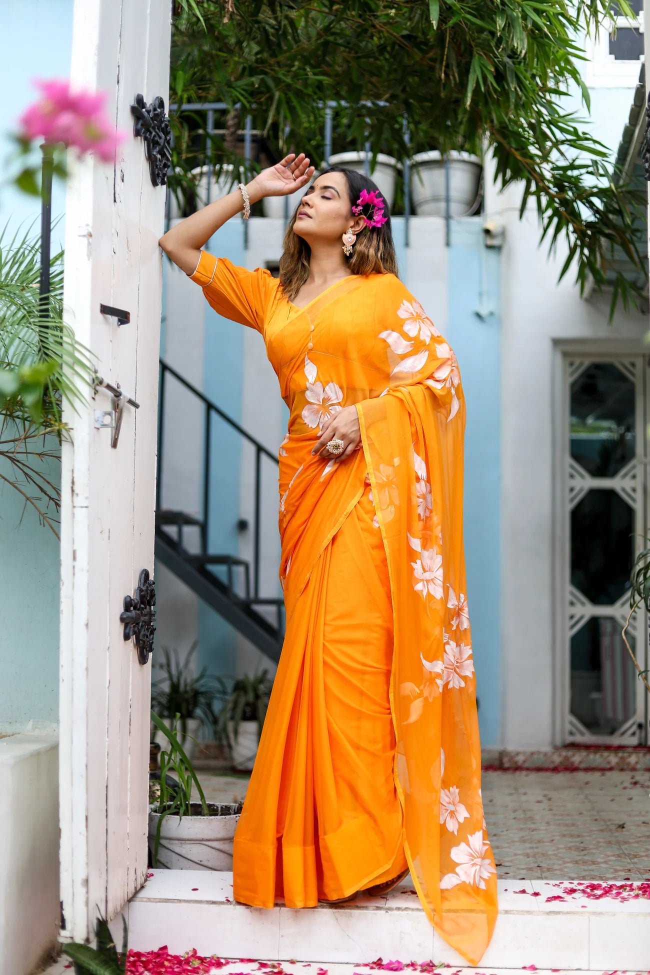 Orange Hand painted Sunset Chiffon Saree