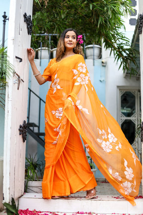 Orange Hand painted Sunset Chiffon Saree