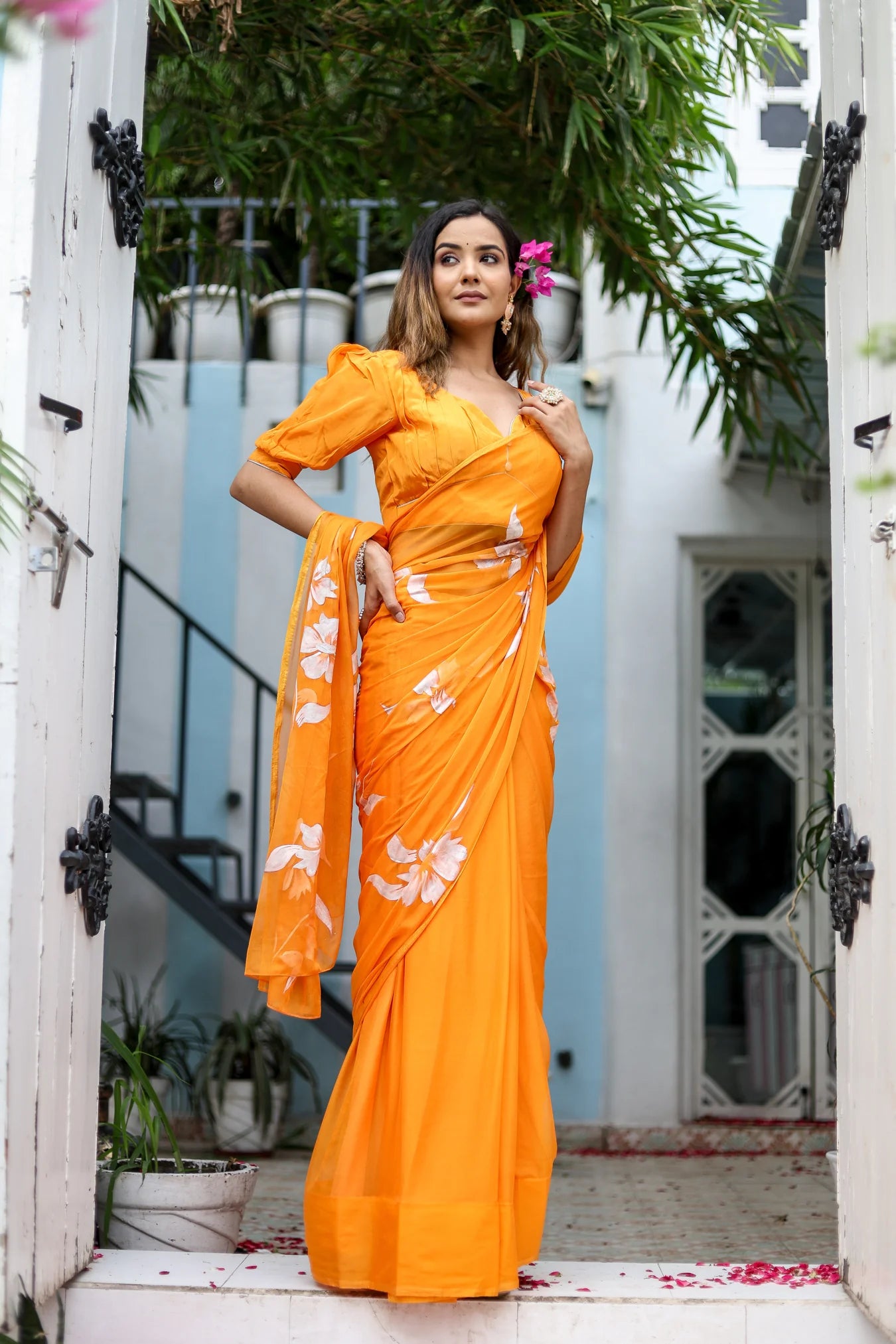 Orange Hand painted Sunset Chiffon Saree