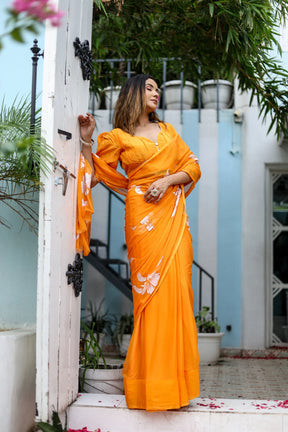 Orange Hand painted Sunset Chiffon Saree