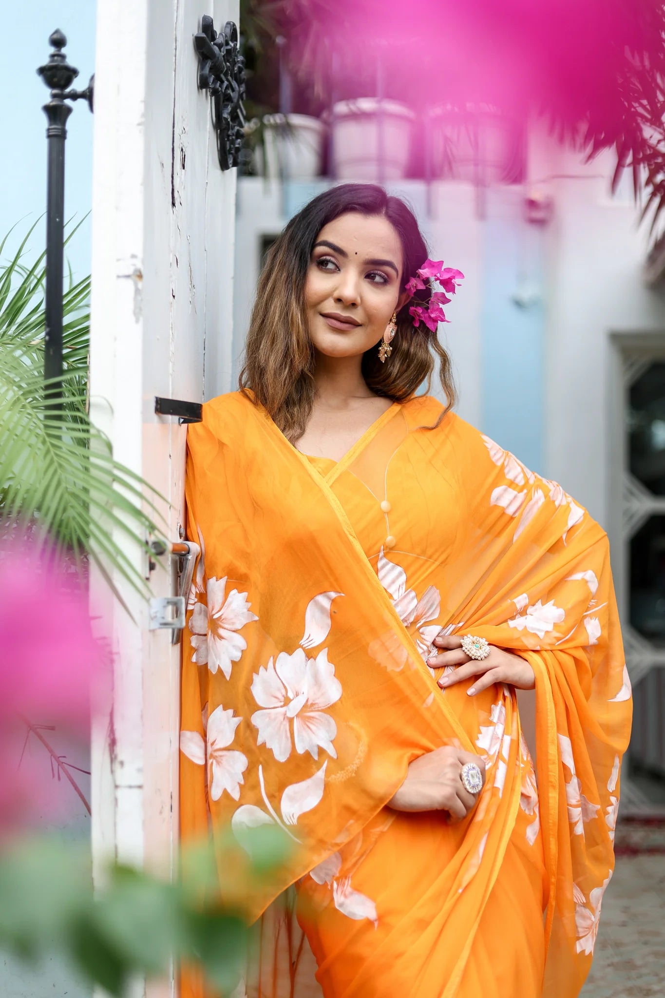 Orange Hand painted Sunset Chiffon Saree