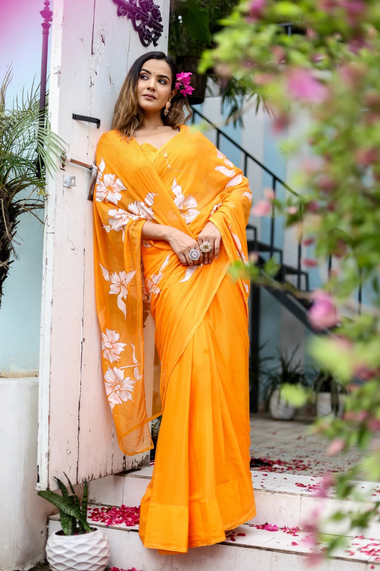 Orange Hand painted Sunset Chiffon Saree