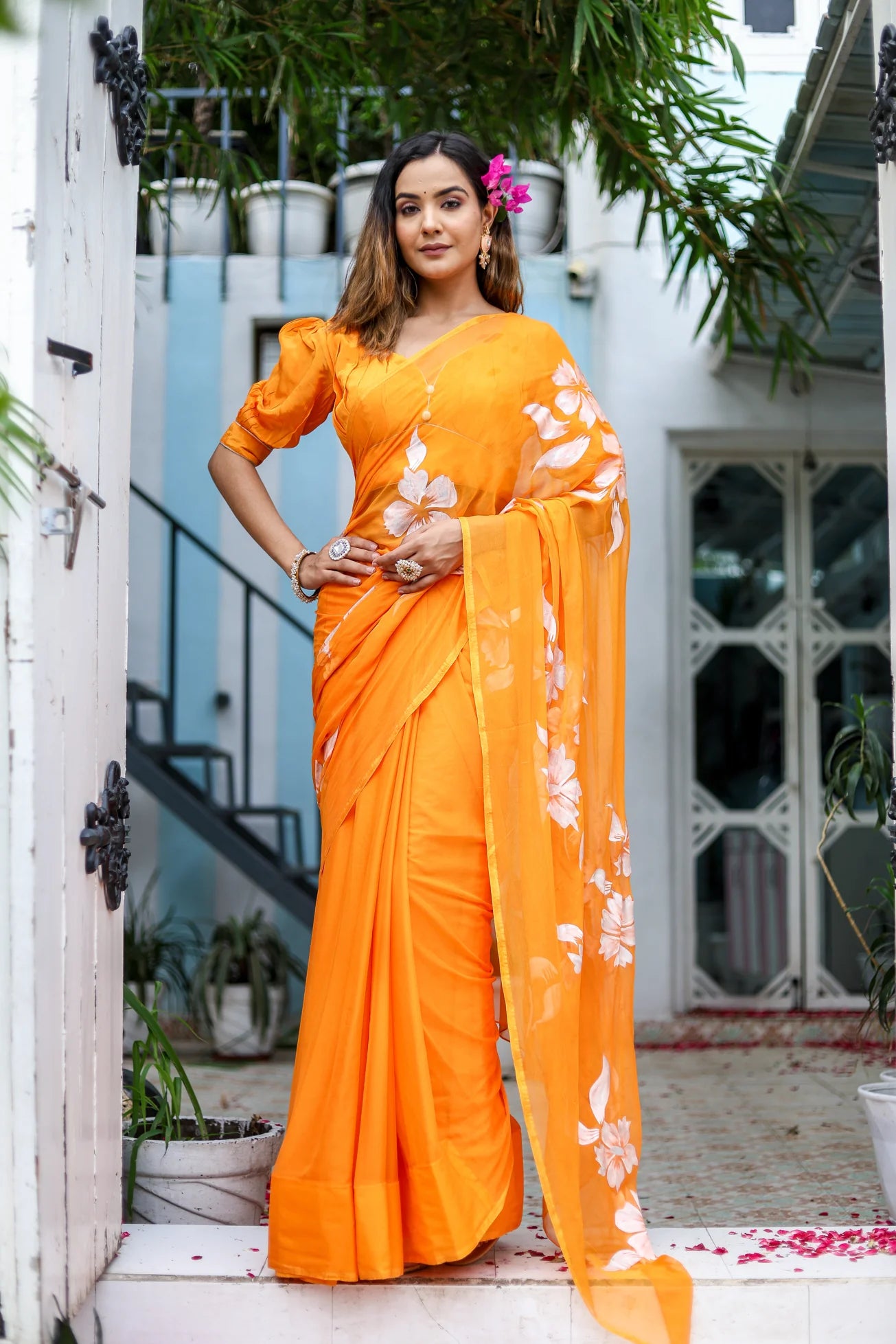 Orange Hand painted Sunset Chiffon Saree