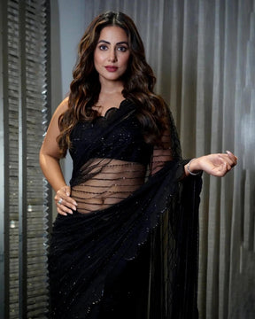 Hina Khan Black Crystal Saree Set | Glamorous and Sophisticated Evening Wear