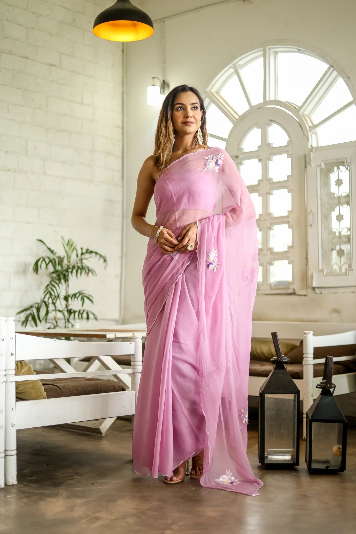 Lilac Blossom Hand Embroidered Chiffon Saree