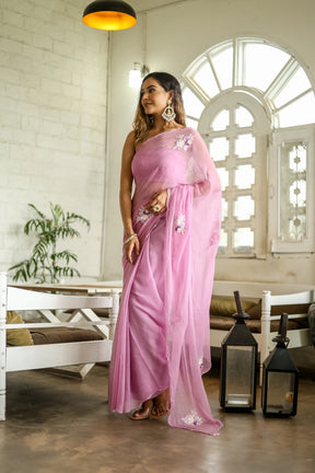 Lilac Blossom Hand Embroidered Chiffon Saree