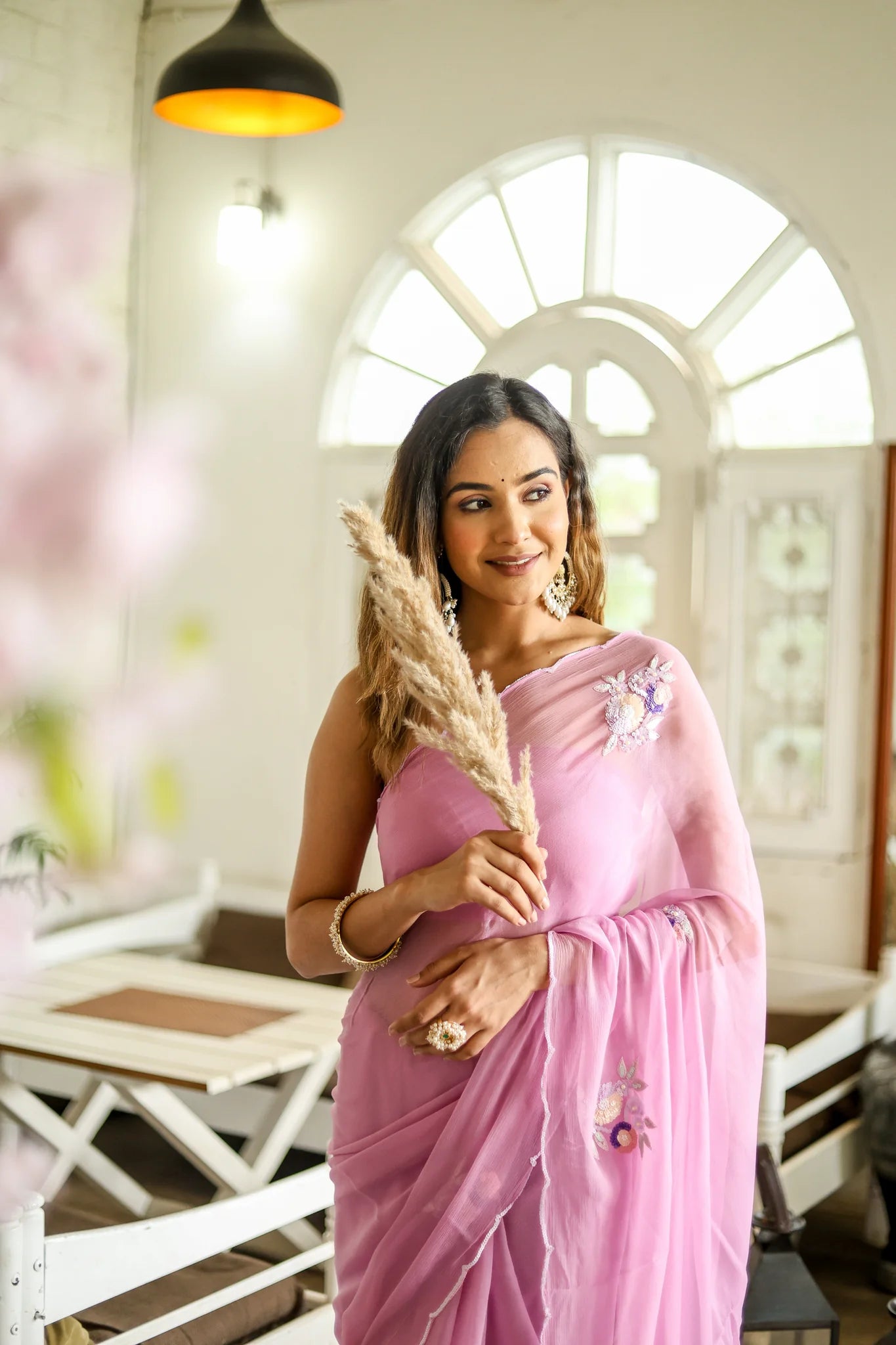 Lilac Blossom Hand Embroidered Chiffon Saree