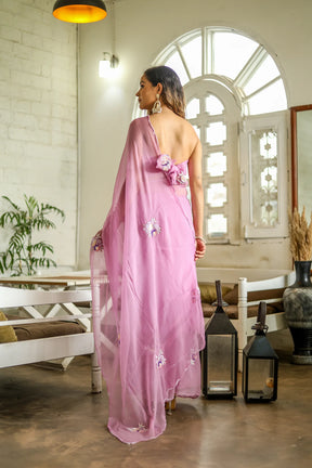 Lilac Blossom Hand Embroidered Chiffon Saree