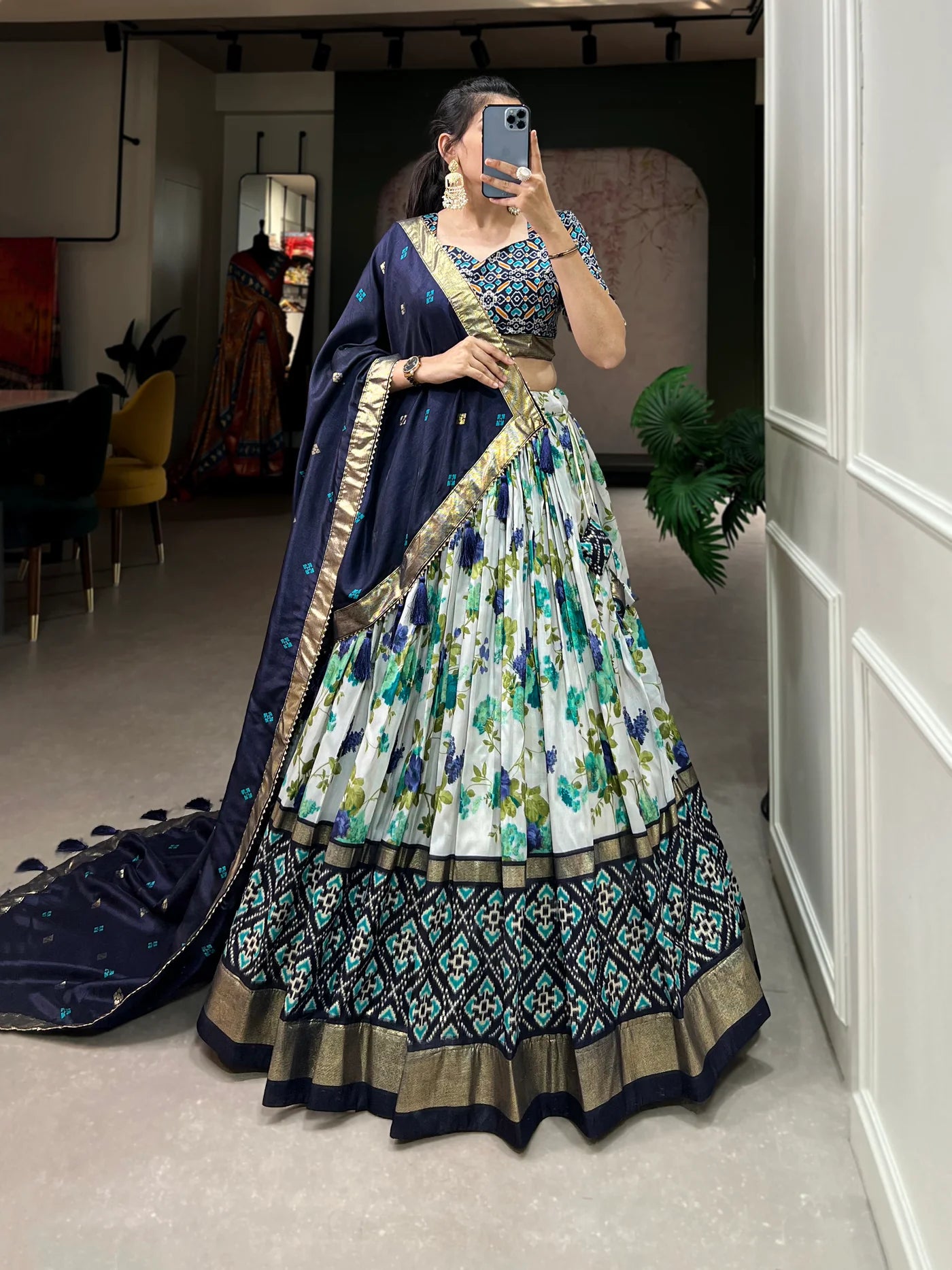 White & Navy-Blue Floral Printed Silk Traditional Lehenga Choli