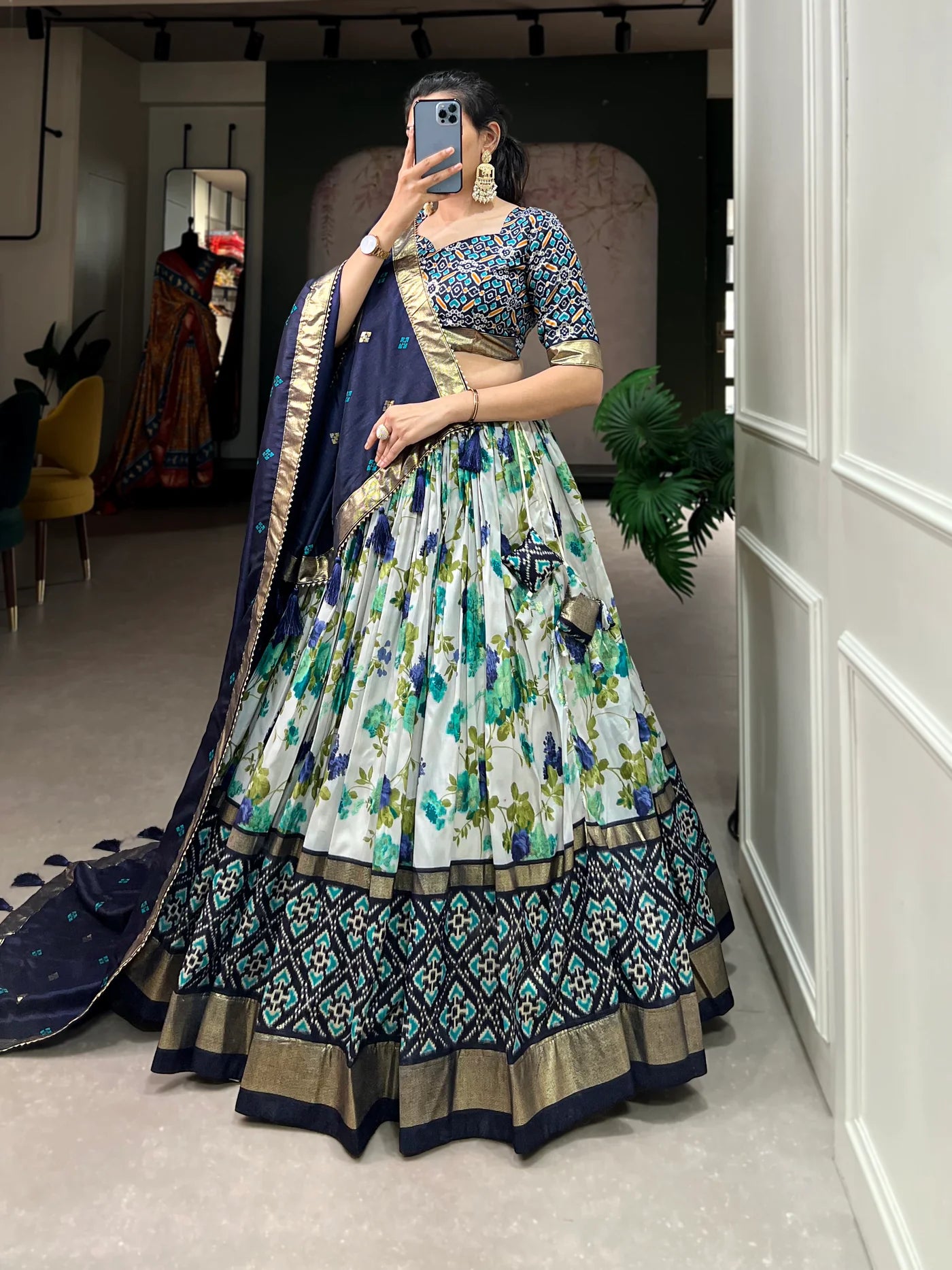 White & Navy-Blue Floral Printed Silk Traditional Lehenga Choli