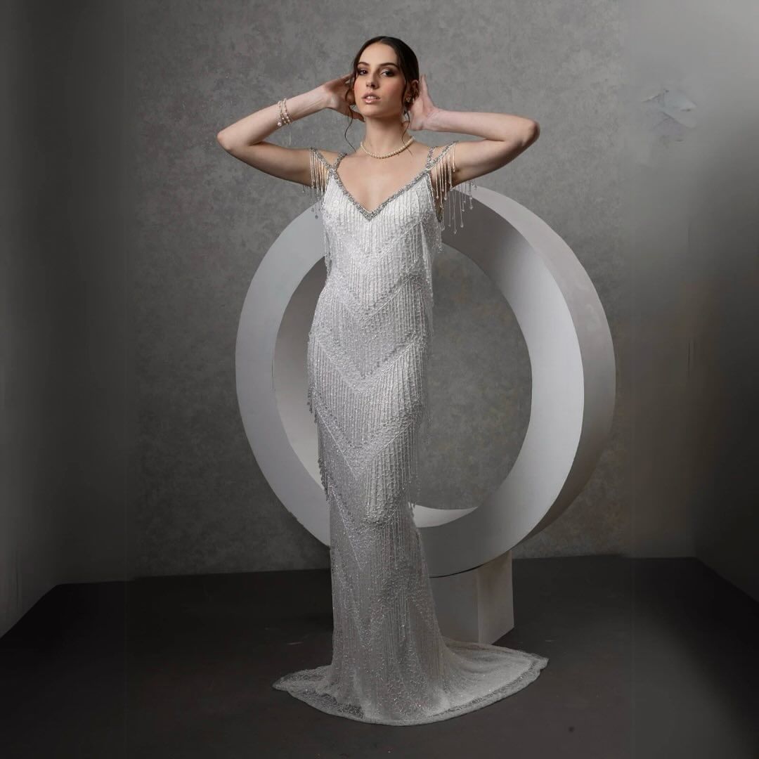 White Net Hand Embroidered Pearls V Neck Gown - Elegant & Luxurious Evening Dress