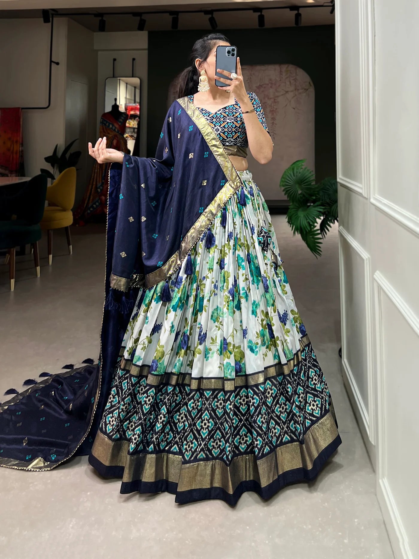 White & Navy-Blue Floral Printed Silk Traditional Lehenga Choli